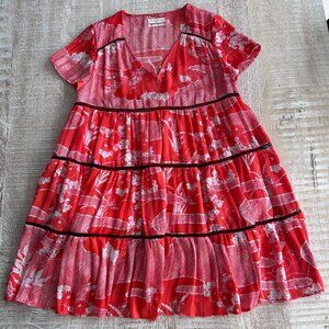 Urban Outfitters Red Floral A-Line Mini V-Neck Dress Short Sleeves Size Small